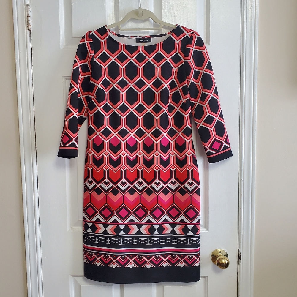 Nine West Geometric Design 3/4 Sleeve A-Line Dress Size 6